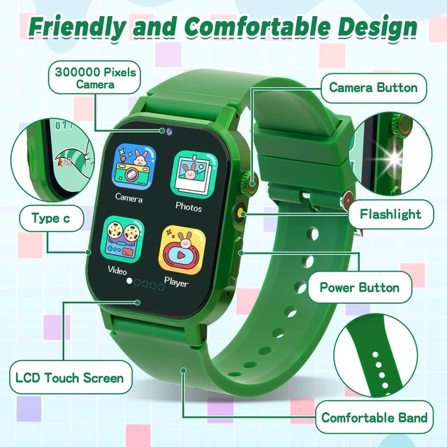 Alt view image 7 of 7 - Kids Smart Watch with 32 Puzzle Games, Video, HD Camera, Pedometer 1.69" Touch Screen Kids Watches, Alarm Clock, Audiobooks, Music, Flashlight, Educational Toys Gifts for Boys Girls Age 3-12