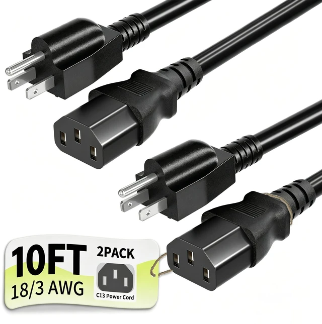 Main image of Universal 10ft 2 Pack Power Cord, 3-Prong Pure Copper ETL, Black 10 Amps 125 Volts NEMA 5-15P to C13 AC Cable for TV Monitor PC Printer PlayStation Samsung Dell HP Sony LG Apple Vizio Asus