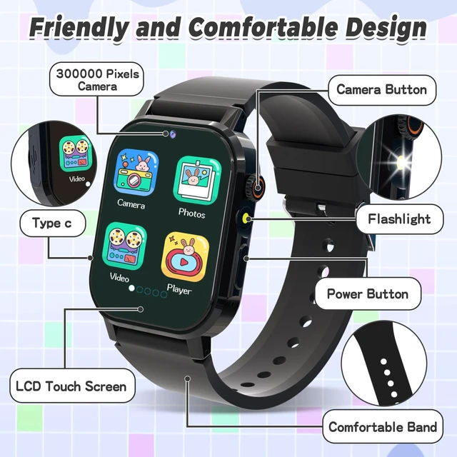 Alt view image 7 of 7 - Kids Smart Watch Boys with 32 Games, Camera, Video, Pedometer, Flashlight 1.69" Kids Game Smartwatch, HD Touch Screen, Music Player, Audiobooks, Alarm Clock, 12/24 hr, Toys Gift for 3-12 Years Old