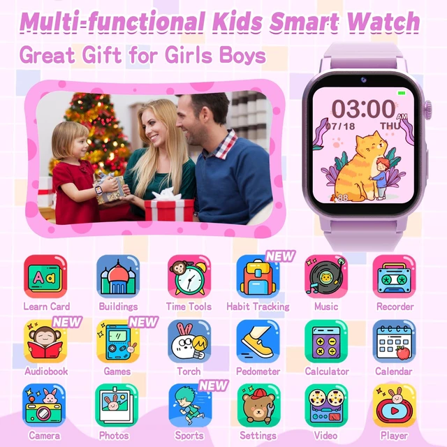 Alt view image 2 of 7 - Kids Smart Watches Girls with 32 Puzzle Games, HD Camera, Pedometer 1.69" TouchScreen Watch for Kids, Alarm, Music, Audiobooks, Flashlight,12/24 Hr, Birthday Gifts for Girls Ages 3-12, Purple