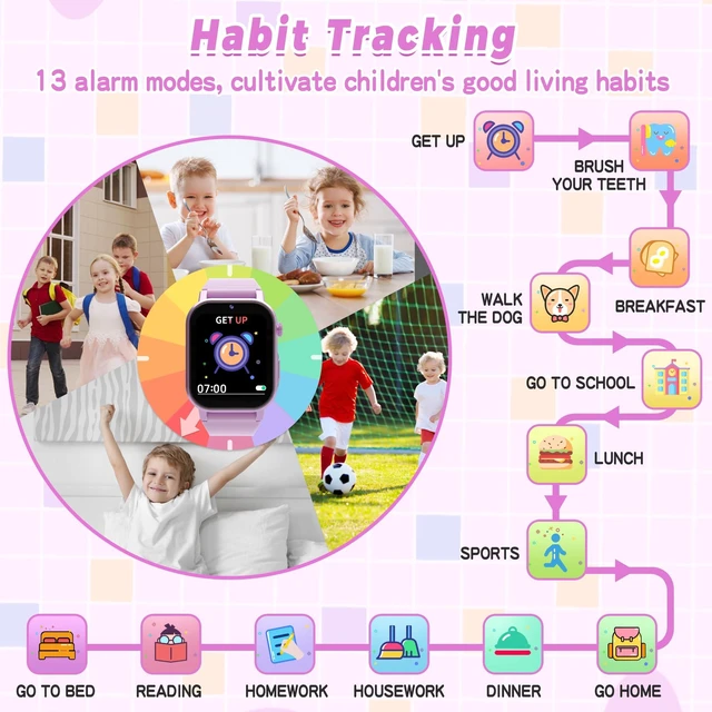 Alt view image 4 of 7 - Kids Smart Watches Girls with 32 Puzzle Games, HD Camera, Pedometer 1.69" TouchScreen Watch for Kids, Alarm, Music, Audiobooks, Flashlight,12/24 Hr, Birthday Gifts for Girls Ages 3-12, Purple