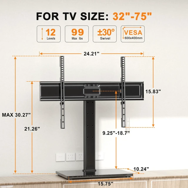 Alt view image 4 of 7 - Universal Swivel TV Stand Base Table Top TV Stand for 32-75 Inch TVs 60 Degree Swivel, 12 Height Adjustable Monitor Mount Stand, Max VESA 600x400mm,Holds up to 99lbs TS204