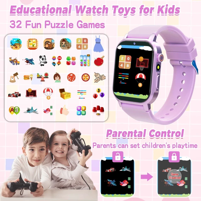 Alt view image 5 of 7 - Kids Smart Watches Girls with 32 Puzzle Games, HD Camera, Pedometer 1.69" TouchScreen Watch for Kids, Alarm, Music, Audiobooks, Flashlight,12/24 Hr, Birthday Gifts for Girls Ages 3-12, Purple
