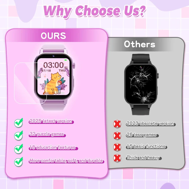 Alt view image 6 of 7 - Kids Smart Watches Girls with 32 Puzzle Games, HD Camera, Pedometer 1.69" TouchScreen Watch for Kids, Alarm, Music, Audiobooks, Flashlight,12/24 Hr, Birthday Gifts for Girls Ages 3-12, Purple
