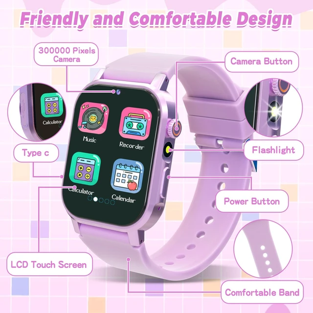 Alt view image 7 of 7 - Kids Smart Watches Girls with 32 Puzzle Games, HD Camera, Pedometer 1.69" TouchScreen Watch for Kids, Alarm, Music, Audiobooks, Flashlight,12/24 Hr, Birthday Gifts for Girls Ages 3-12, Purple