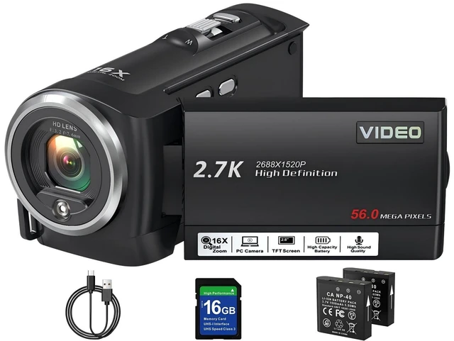 Main image of Video Camera Camcorder, QHD 2.7K 56MP 16X Digital Zoom Vlogging Camera 2.8" 270° Rotatable Screen Camcorder, Built-in LED Fill Light Camcorder for YouTube with 16GB Card and Two Batteries