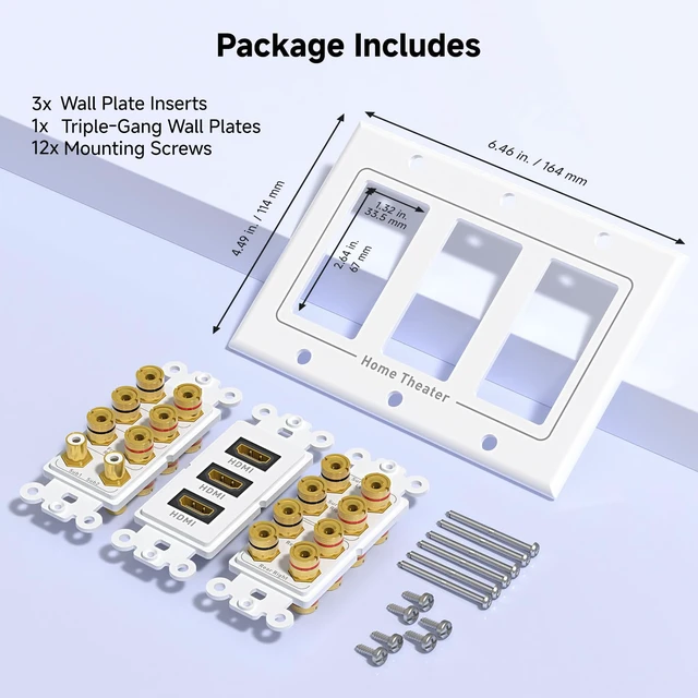Alt view image 7 of 7 - Triple Gang 7.2 Speaker Wall Plate with HDMI, White HDMI Pass-through, Gold-Plated Binding Posts, Banana Plug Compatible, for Home Theater Wiring