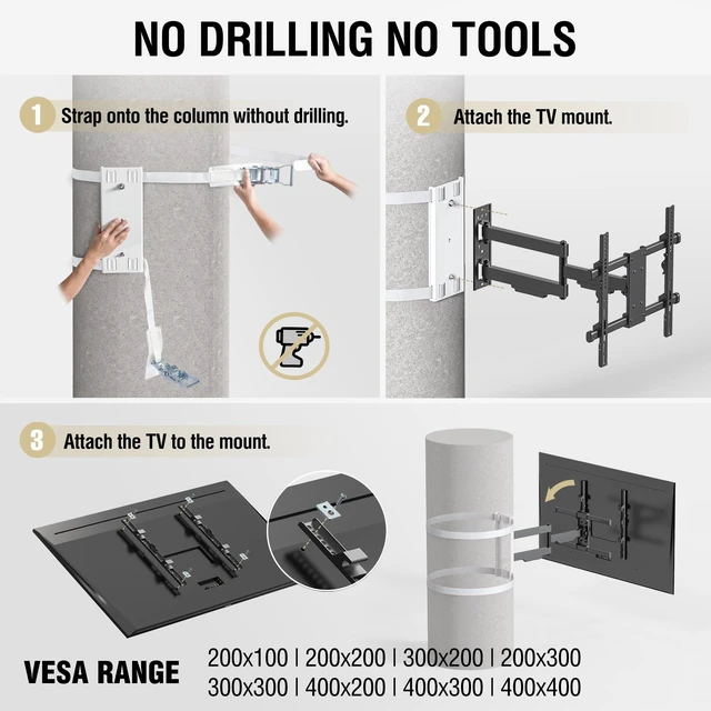 Alt view image 5 of 7 - 32"70" TVs Indoor Full Motion TV Mount Fits Small Pillars & Poles 4"12", No Drill Gazebo & Pergola TV Mount, VESA 400x400, Holds 80 lbs