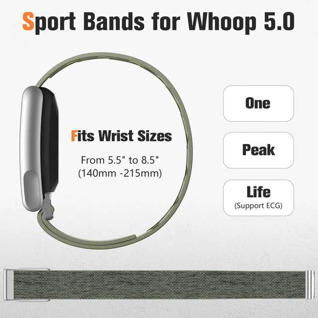 Alt view image 2 of 7 - Sport Band Compatible with Whoop 5.0 Bands One, Peak and Life/MG, Breathable Adjustable Elastic Replacement Soft Nylon Strap Accessories for Whoop Band 5.0 Fitness Tracker, Green