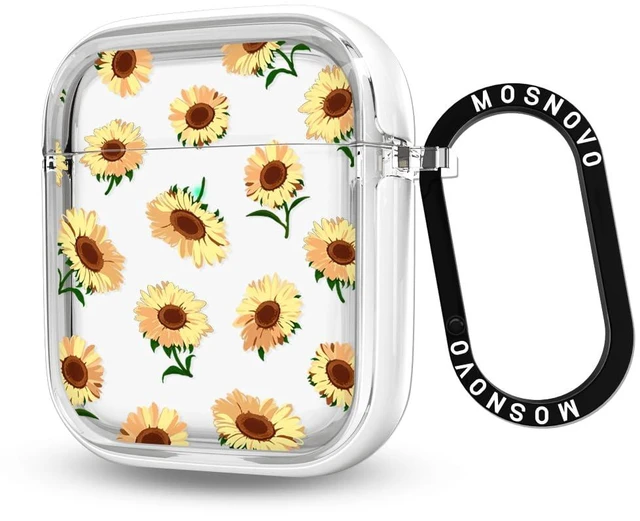 Main image of for AirPods 1/2 Case, Sunflowers, Clear/White Durable, Anti Slip, Shockproof Dual Layer, Hard Cover, Luxe Metal Ring, Clear Protective Case, Floral, Women & Girls