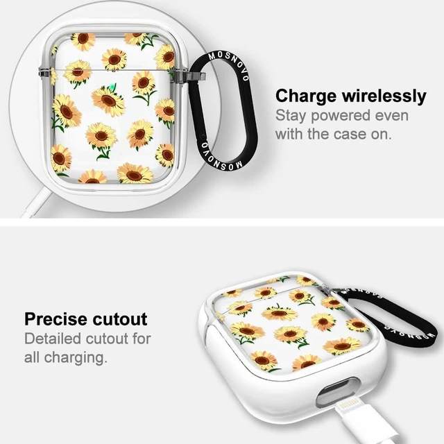 Alt view image 5 of 6 - for AirPods 1/2 Case, Sunflowers, Clear/White Durable, Anti Slip, Shockproof Dual Layer, Hard Cover, Luxe Metal Ring, Clear Protective Case, Floral, Women & Girls