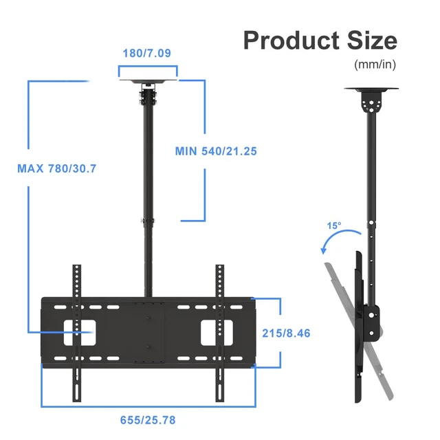 Alt view image 3 of 7 - Ceiling TV Wall Mount Fits 37-75 inch LCD LED Plasma Monitor Flat Panel Screen Display with VESA 600x400 (Max) Loaded up to 132lbs Height Adjustable MC5602