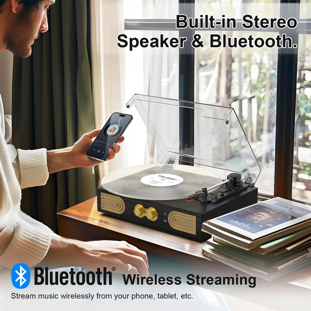 Alt view image 2 of 7 - Vinyl Record Player with Speakers, Bass Control, 3-Speed Turntable