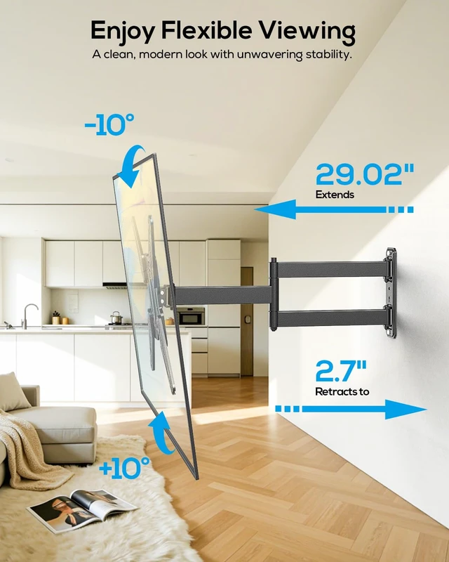 Alt view image 3 of 7 - Corner TV Wall Mount Long Arm Full Motion for 42 50 55 65 inch TVs UL Listed, Fit 32-65" TV, Hold 80lbs, Swivel 180°, Tilt +/-10°, Level +/-4°, 29" Arm Extension, VESA400x400mm, Single Stud