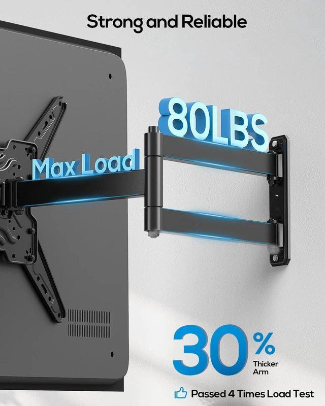 Alt view image 4 of 7 - Corner TV Wall Mount Long Arm Full Motion for 42 50 55 65 inch TVs UL Listed, Fit 32-65" TV, Hold 80lbs, Swivel 180°, Tilt +/-10°, Level +/-4°, 29" Arm Extension, VESA400x400mm, Single Stud
