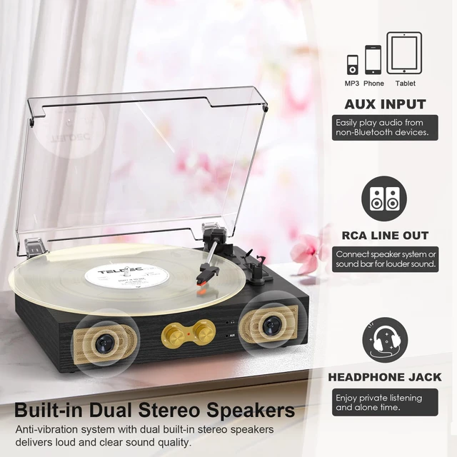 Alt view image 3 of 7 - Vinyl Record Player with Speakers, Bass Control, 3-Speed Turntable