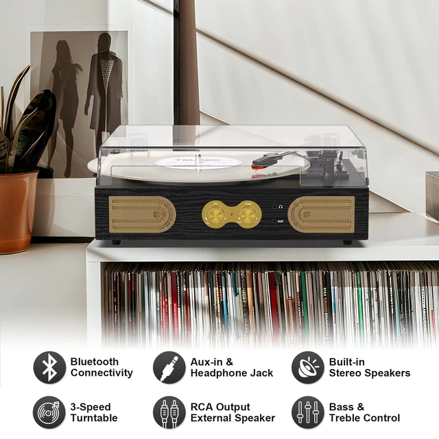 Alt view image 4 of 7 - Vinyl Record Player with Speakers, Bass Control, 3-Speed Turntable