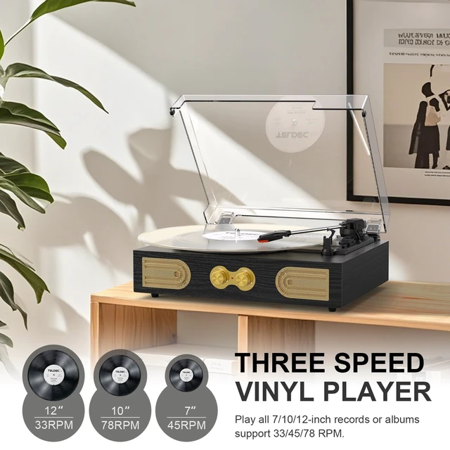 Alt view image 5 of 7 - Vinyl Record Player with Speakers, Bass Control, 3-Speed Turntable