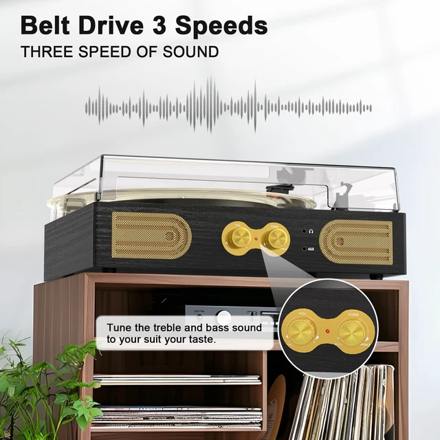 Alt view image 6 of 7 - Vinyl Record Player with Speakers, Bass Control, 3-Speed Turntable