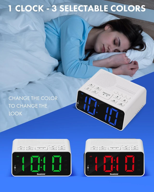 Alt view image 2 of 7 - Digital Alarm Clock Radio with AM/FM Radio, Multi-Colors 1.4 LED Digits, Preset, Sleep Timer and Clear Display with Dimmer for Bedroom Bedside, Outlet Powered with Battery Backup (White)