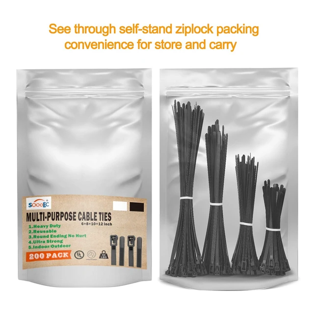 Alt view image 6 of 6 - 200 Pack Reusable Zip Ties Assorted Sizes 6 8 10 12 Inch Black Cable Ties Reusable Trigger Release / Heavy Duty Nylon / UV Weatherproof / Non-Slip Self-Locking / Smooth Round Ending No Hurt