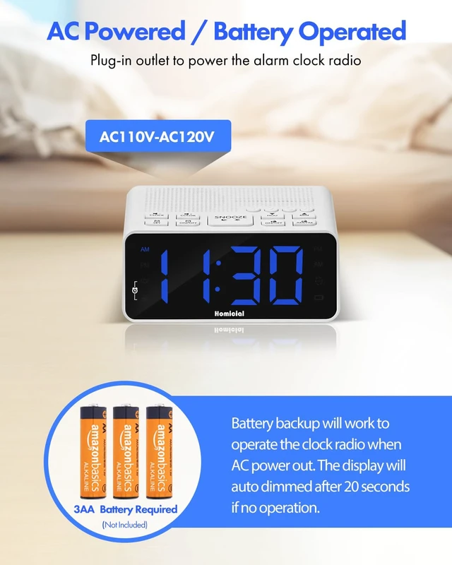Alt view image 6 of 7 - Digital Alarm Clock Radio with AM/FM Radio, Multi-Colors 1.4 LED Digits, Preset, Sleep Timer and Clear Display with Dimmer for Bedroom Bedside, Outlet Powered with Battery Backup (White)