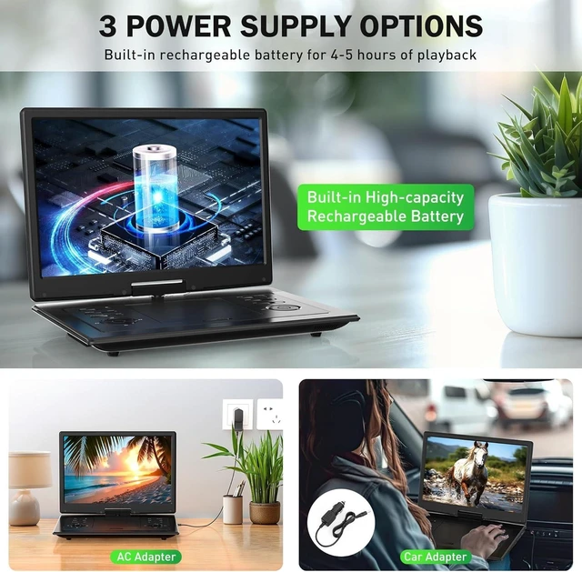 Alt view image 6 of 7 - 17.3" Portable DVD Player with Bluetooth Hadphones and Carrying Bag,15.4" Wide-Viewing-Angle HD Screen,6-Hours Rechargeable Battery,Car DVD Player for Kids,Support Bluetooth/HDMI in/AV/CD/VCD/DVD/USB