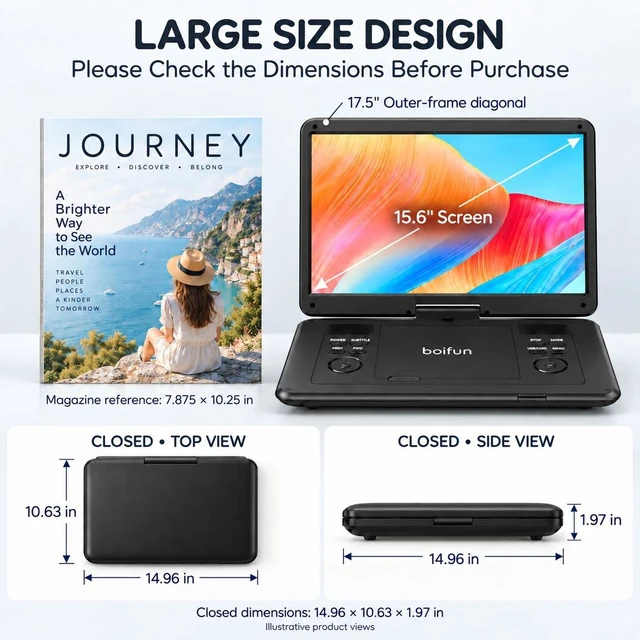 Alt view image 2 of 7 - Portable DVD Player with ATSC TV & FM Radio, 15.6" HD Swivel Screen Built-in Rechargeable Battery, HDMI Input for TV Stick, USB/TF Card Playback, Plays DVDs CDs VCDs, Car & Home Adapters,Black