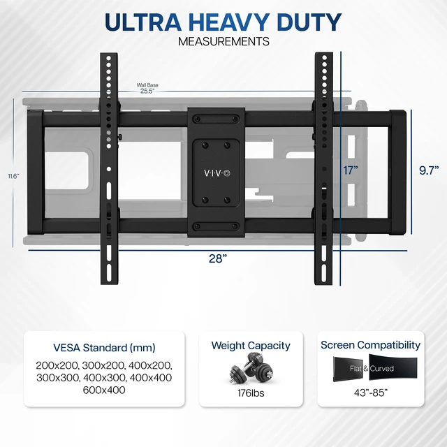 Alt view image 3 of 7 - Black 2-Stud TV Wall Mount for 43-85 in Screens, MOUNT-VW085M Heavy Duty, Fits LCD LED Flat & Curved Screens, Extended Arm Swivel Mount, Max VESA 600x400mm, Holds 176 lbs