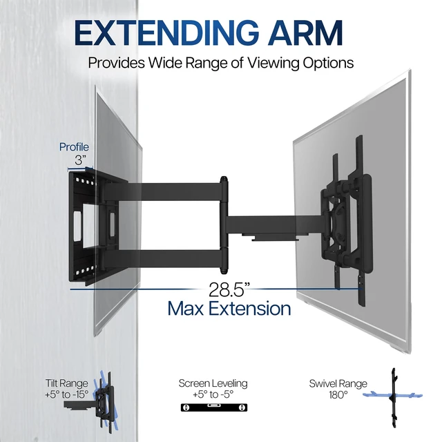 Alt view image 5 of 7 - Black 2-Stud TV Wall Mount for 43-85 in Screens, MOUNT-VW085M Heavy Duty, Fits LCD LED Flat & Curved Screens, Extended Arm Swivel Mount, Max VESA 600x400mm, Holds 176 lbs