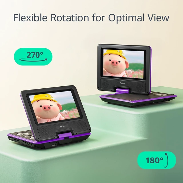 Alt view image 3 of 7 - 9.5" Portable DVD Player, 7.5" Swivel Screen, Kids Car Travel, Purple 46h battery, TV sync, SD card, USB, multiple disc formats, road trips, flights, bedrooms, family travel