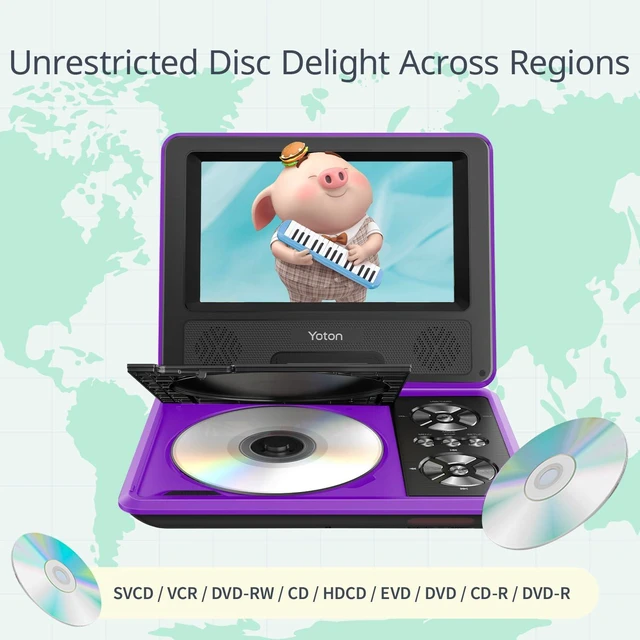 Alt view image 4 of 7 - 9.5" Portable DVD Player, 7.5" Swivel Screen, Kids Car Travel, Purple 46h battery, TV sync, SD card, USB, multiple disc formats, road trips, flights, bedrooms, family travel