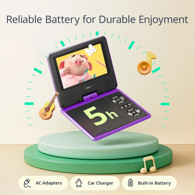 Alt view image 6 of 7 - 9.5" Portable DVD Player, 7.5" Swivel Screen, Kids Car Travel, Purple 46h battery, TV sync, SD card, USB, multiple disc formats, road trips, flights, bedrooms, family travel