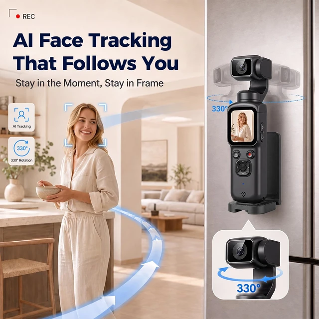 Alt view image 3 of 7 - 4K Vlogging Camera with Magnetic Mount, AI Face Tracking & WiFi Face-Detection Tracking, one-touch front/selfie view, Type-C charging, webcam mode, and Class 10 cards up to 256GB
