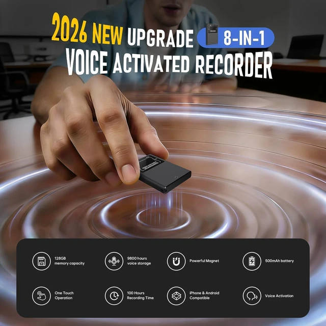 Alt view image 2 of 7 - 128GB Magnetic Voice Activated Recording Device - (18800 Hour) Digital Voice Recorder with AI Noise Reduction, Portable Audio Recorder for Lectures, Meetings, and Interviews