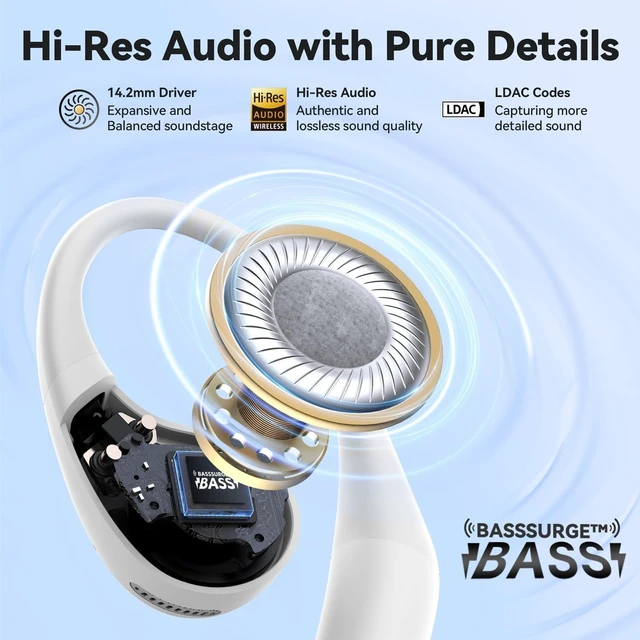 Alt view image 3 of 7 - OpenJump Open Ear Headphones, Wireless Earbuds, Hi-Res Sound, LDAC Ergonomic Earhook, 4 Mics ENC Call, 42H Playtime, Multipoint Connection, IPX7 Waterproof, Snug Fit for Workout, Running White