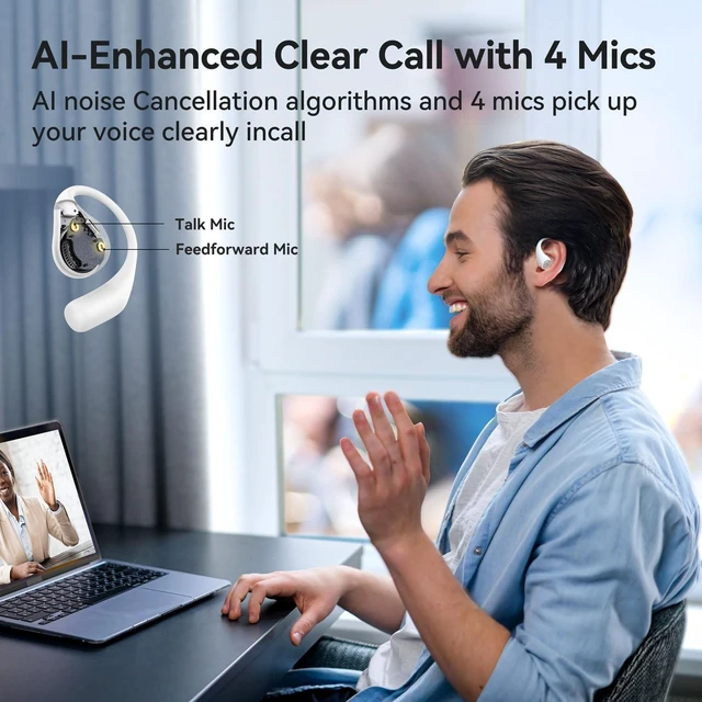 Alt view image 4 of 7 - OpenJump Open Ear Headphones, Wireless Earbuds, Hi-Res Sound, LDAC Ergonomic Earhook, 4 Mics ENC Call, 42H Playtime, Multipoint Connection, IPX7 Waterproof, Snug Fit for Workout, Running White