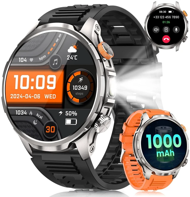 Main image of Military Smartwatch for Men 1000mAh Fitness Tracker Rugged Men Watch 2Bands 1.91" Men's Smart Watch Answer/Make Calls, 5 ATM /110+ Sport Modes/Heart Rate/SpO2/Sleep Monitor Watch for Android Iphone