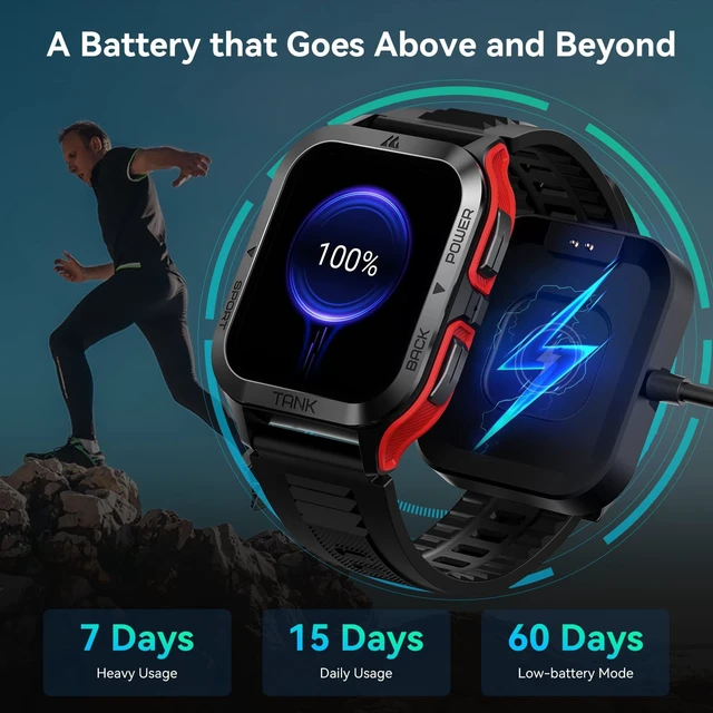 Alt view image 4 of 6 - M2 Smart Watch, 5 ATM & IP69K Waterproof, Extra-Long Battery Life Rugged Military Design, Bluetooth Call, 1.85" Ultra Large HD Display, AI Voice Assistant, Compatible with Android and iPhone