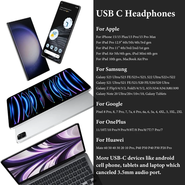 Alt view image 7 of 7 - USB C Headphones for iPhone 18 Pro Max 17 16 15/iPad Air Earbuds HiFi Stereo USB-C Wired Earbuds, Microphone Volume Control, Type C Earphone for Samsung S26 S25 S24 S23 Ultra Pixel 11 10 9 8