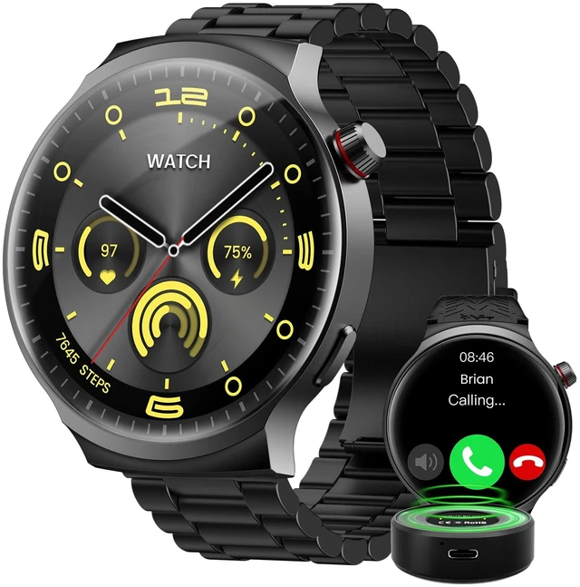 Main image of Smart Watch for Men, 1.85" Large Display, 35-Day Daily Use Battery 5 ATM Waterproof, 100+ Sports Modes, Answer/Make Calls, Compatible Android & iOS (Includes Steel Strap & Charging Dock)