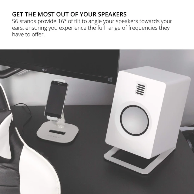 Alt view image 4 of 7 - S6W Tilted Desktop Speaker Stands for Large Bookshelf Speakers & Full-Size 5-7 Studio Monitors Supports 20 lbs Damping Foam Padding ¼-20 Mounting Pair White