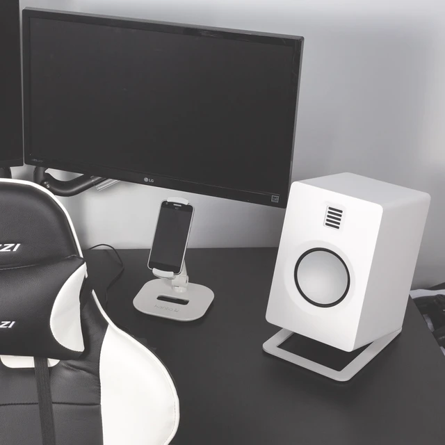 Alt view image 7 of 7 - S6W Tilted Desktop Speaker Stands for Large Bookshelf Speakers & Full-Size 5-7 Studio Monitors Supports 20 lbs Damping Foam Padding ¼-20 Mounting Pair White