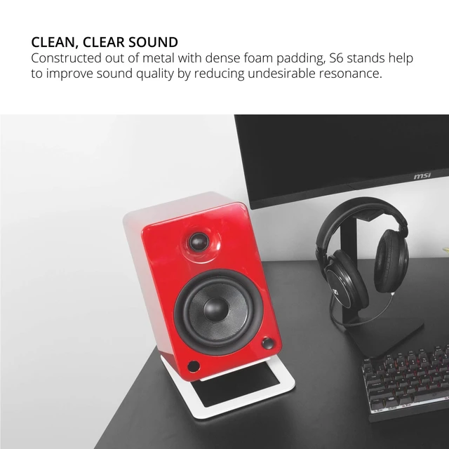 Alt view image 5 of 7 - S6W Tilted Desktop Speaker Stands for Large Bookshelf Speakers & Full-Size 5-7 Studio Monitors Supports 20 lbs Damping Foam Padding ¼-20 Mounting Pair White