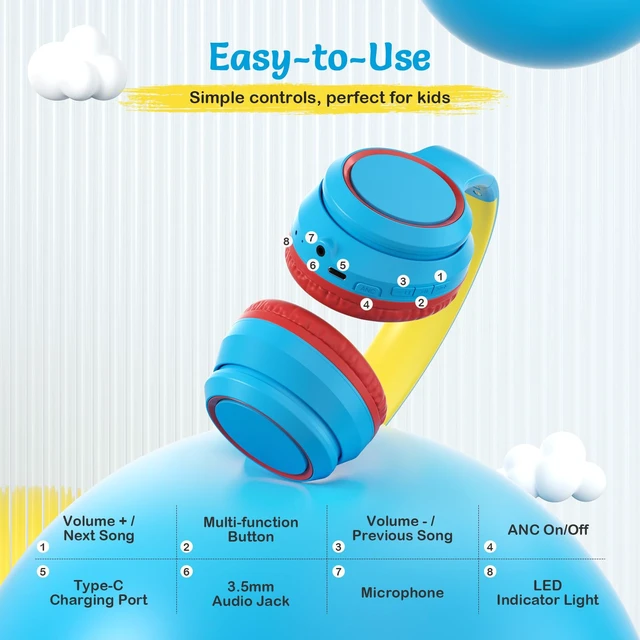 Alt view image 4 of 7 - Kids Bluetooth Headphones with ANC for School Travel Gift Wireless Over-Ear Headphones for Boys Girls, Foldable, Adjustable, Safe Volume, 40H Playtime, Mic for School Travel