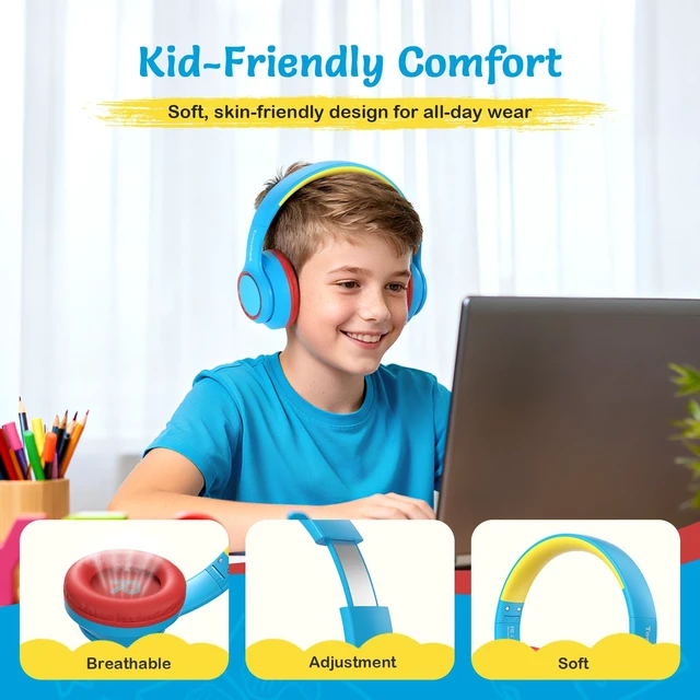 Alt view image 2 of 7 - Kids Bluetooth Headphones with ANC for School Travel Gift Wireless Over-Ear Headphones for Boys Girls, Foldable, Adjustable, Safe Volume, 40H Playtime, Mic for School Travel