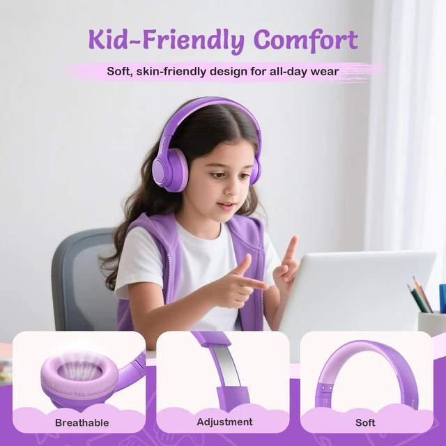 Alt view image 2 of 7 - Kids Bluetooth Headphones with ANC for School Travel Gift Wireless Over-Ear Headphones for Boys Girls, Foldable, Adjustable, Safe Volume, 40H Playtime, Mic for School Travel