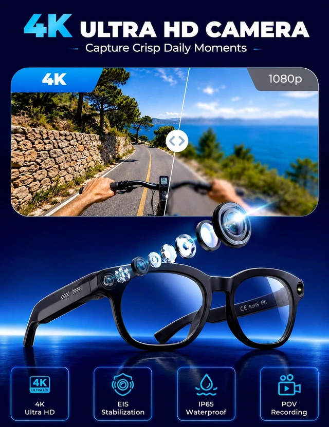 Alt view image 2 of 7 - AI Smart Glasses with Camera for Travel/Meetings/Vlog 4K HD Video & Photo, Bluetooth Glasses, ChatGPT Voice Real-Time Translation, Open-Ear Audio, IP65 Waterproof Camera Glasses