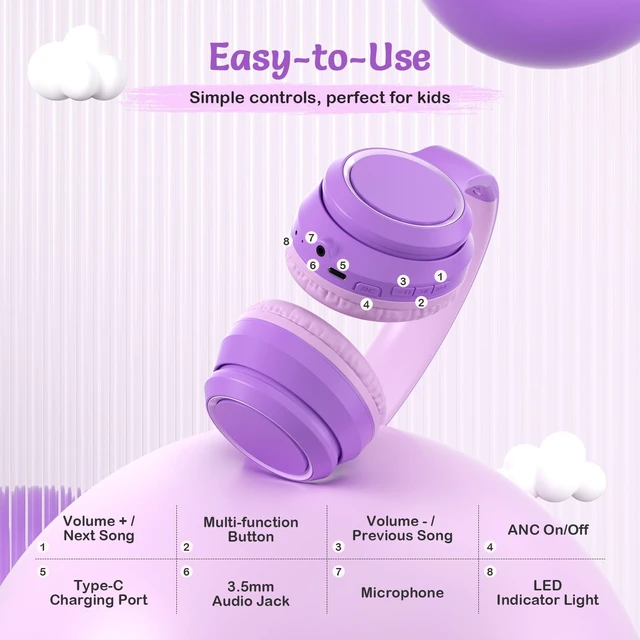 Alt view image 4 of 7 - Kids Bluetooth Headphones with ANC for School Travel Gift Wireless Over-Ear Headphones for Boys Girls, Foldable, Adjustable, Safe Volume, 40H Playtime, Mic for School Travel