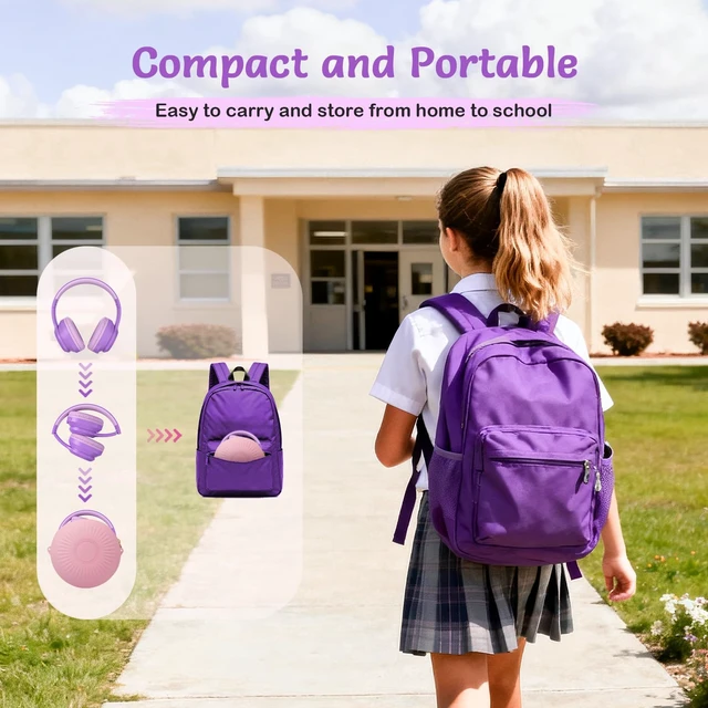 Alt view image 5 of 7 - Kids Bluetooth Headphones with ANC for School Travel Gift Wireless Over-Ear Headphones for Boys Girls, Foldable, Adjustable, Safe Volume, 40H Playtime, Mic for School Travel